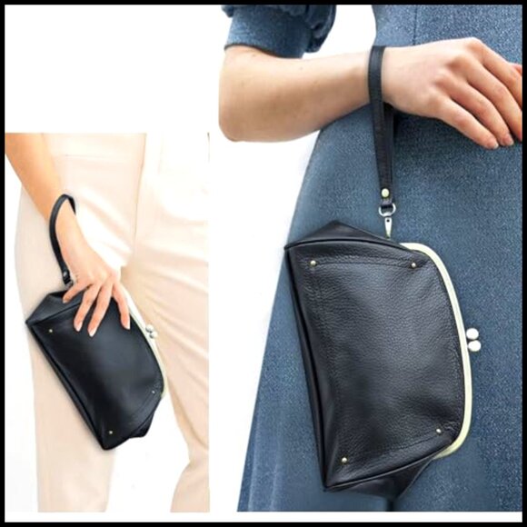 Full Grain Leather Kiss Lock Clutch Vintage Evening Purse Elegant Retro